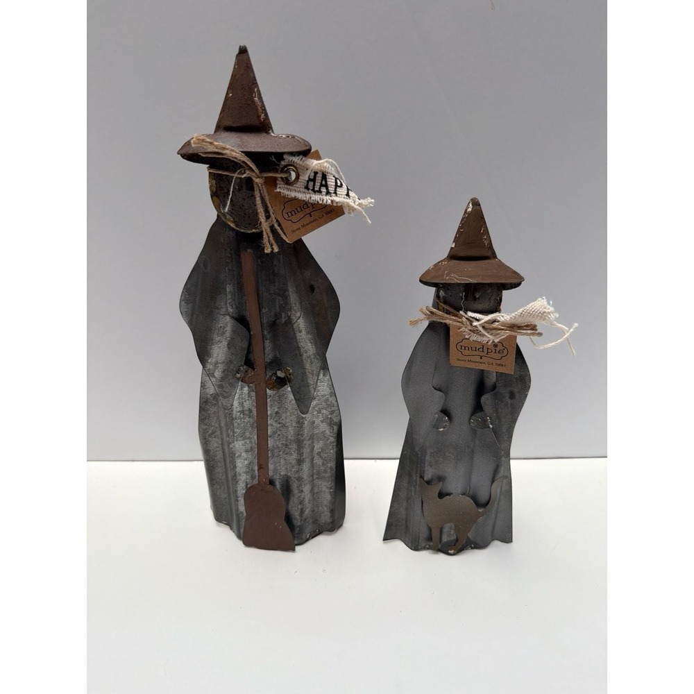 Mud Pie Set of 2 Galvanized Metal Halloween Witch Figures with Broom and Cat